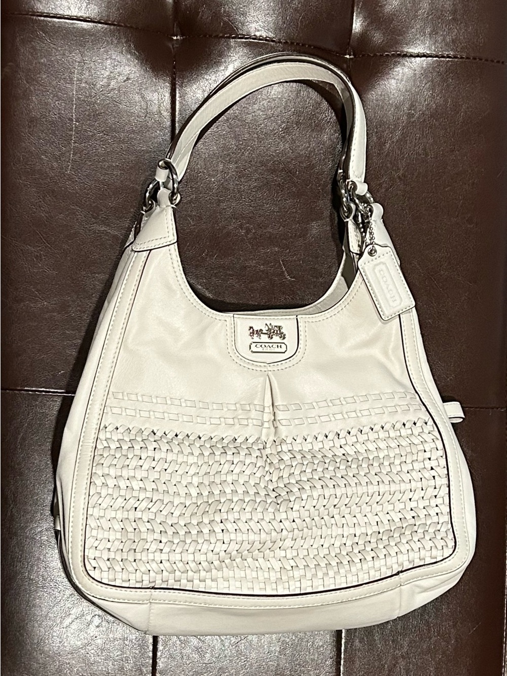 Coach Madison, Maggie, and winter white/parchment/Cream Woven Leather Hobo Bag-